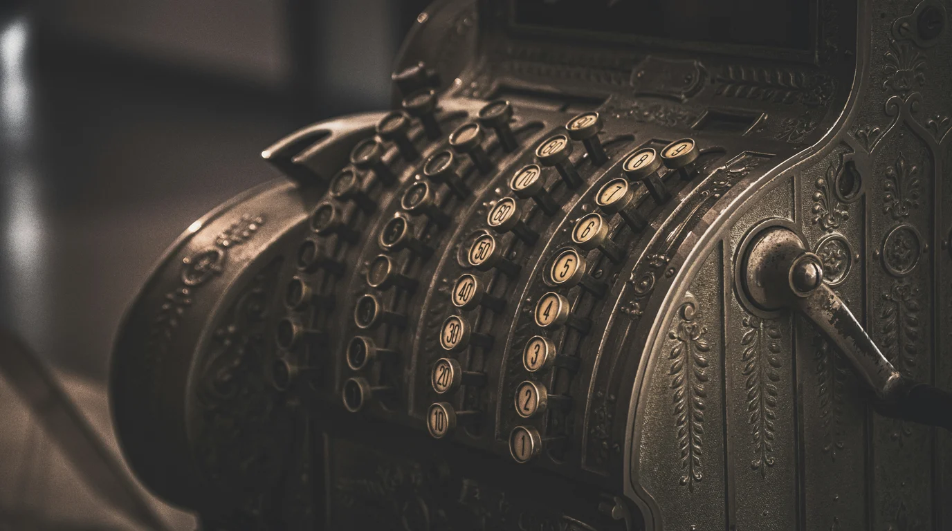 An ornate antique cash register in sepia light, its curved rows of numbered keys and side crank worn to a dull shine.